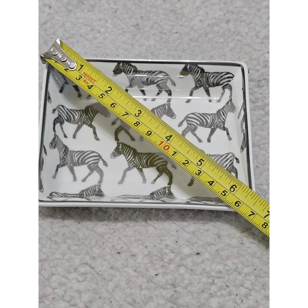 J.Crew Zebra Print Ceramic Trinket Tray Jewelry Dish Silver Trim White Black